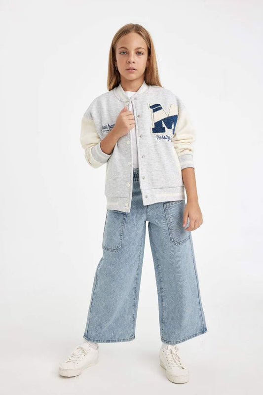 Girl Printed College Collar Bomber Jacket - -