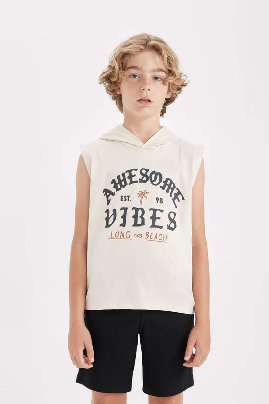 Boy Hooded Printed Sleeveless T-Shirt - -