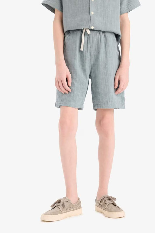 Boy Elastic Waist Muslin Shorts - - Mat Mavi