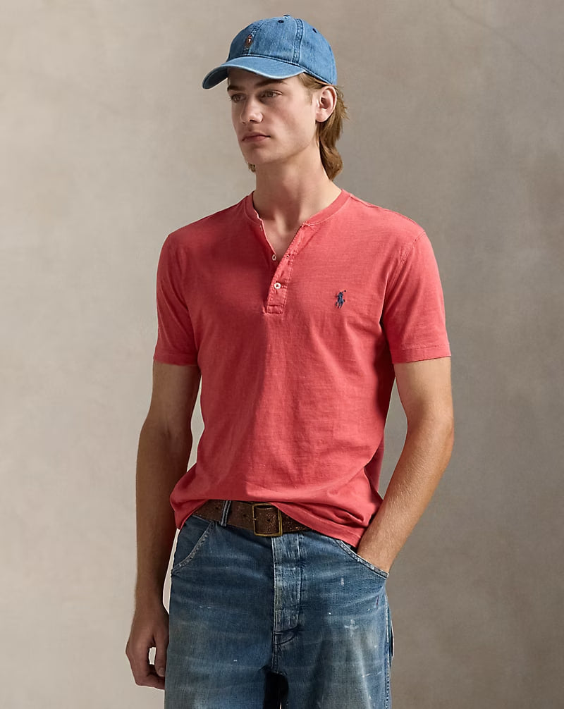 Slub Jersey Short-Sleeve Henley Shirt - - Spring Red