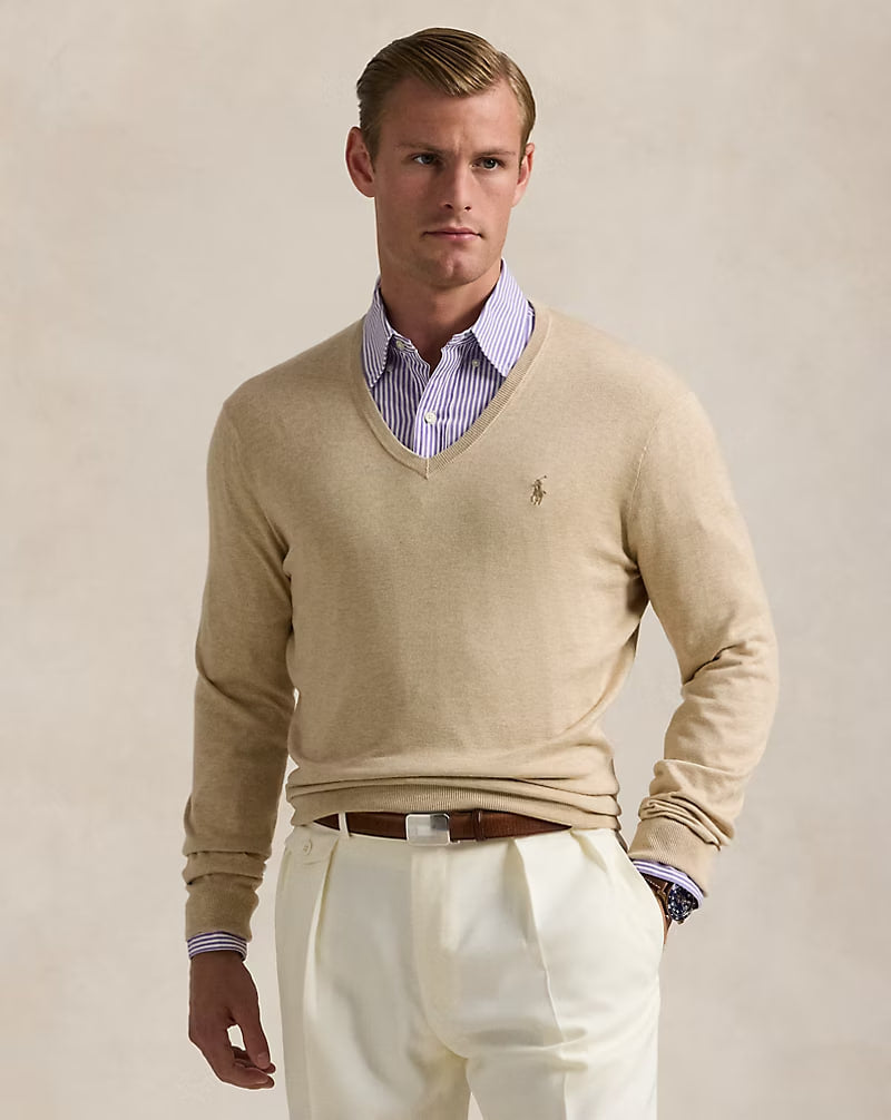 Cotton V-Neck Sweater - - dune