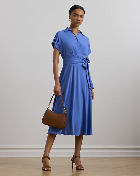 Belted Crepe Dress - - Blue
