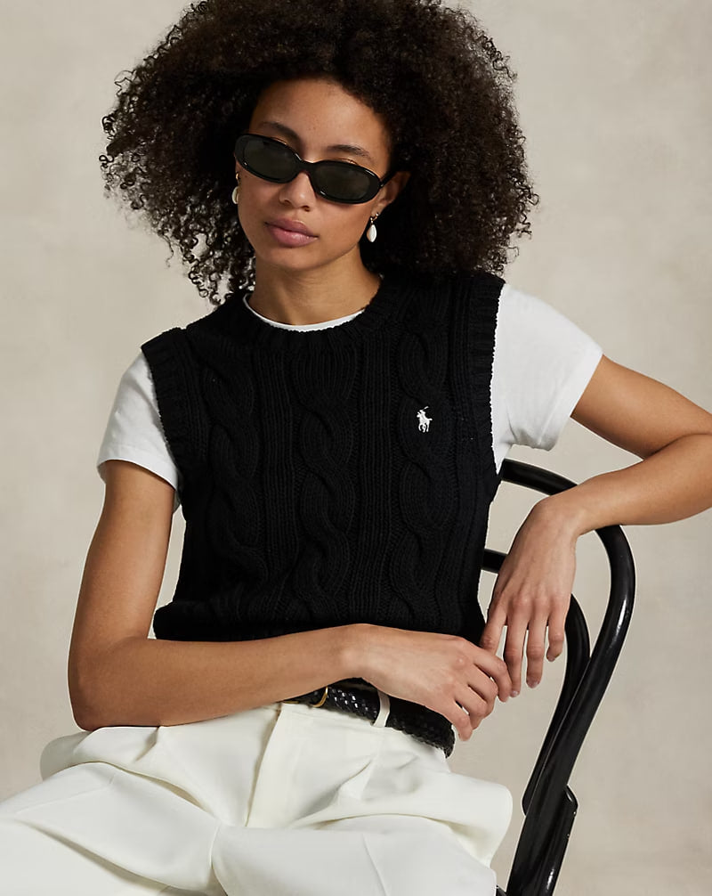 Cable-Knit Cotton Cropped Vest - - Black