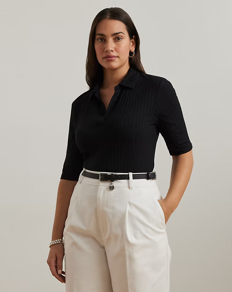 Rib-Knit Elbow-Sleeve Polo Tee - - Black