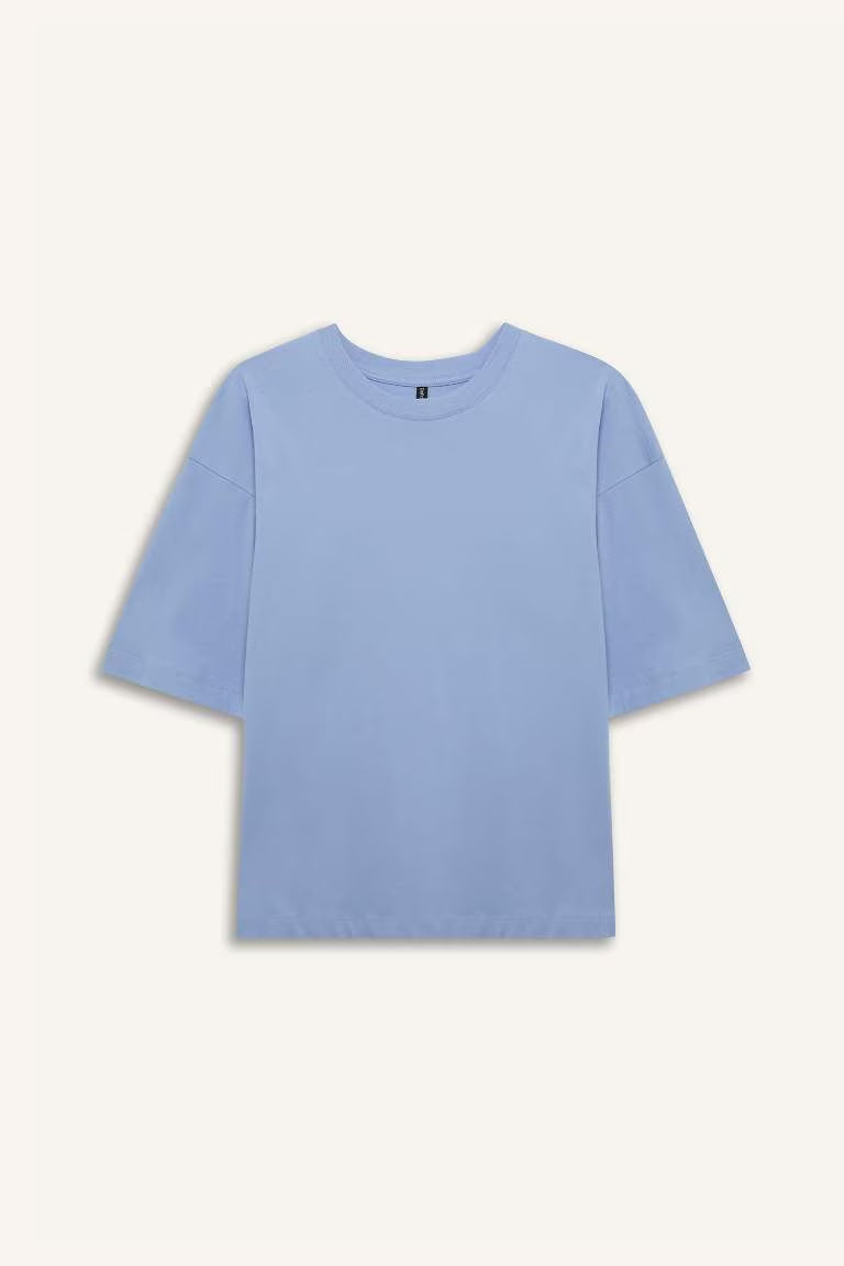 Oversize Fit Crew Neck Basic Cotton T-Shirt - - sky