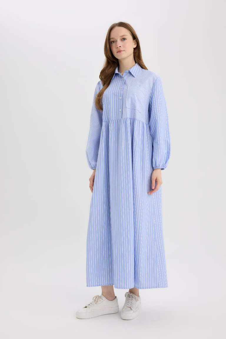 Relax Fit Shirt Collar Patterned Poplin Long Sleeve Maxi Dress - -