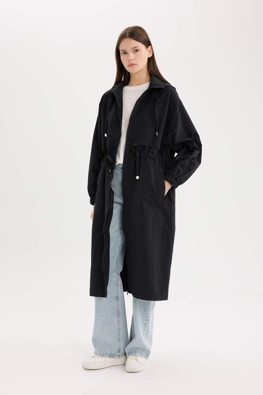Hooded Zipper Closure Pocket Drawstring Waist Long Waterproof Raincoat - -