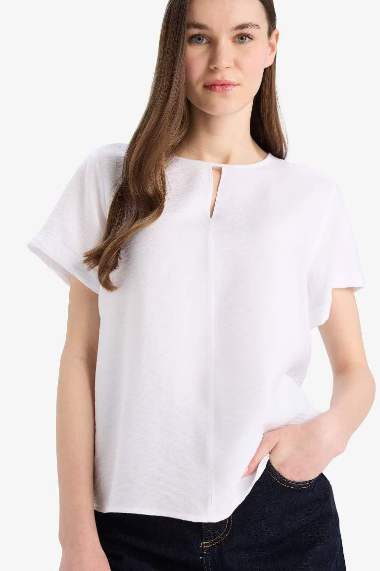 Regular Fit Round Collar Short Sleeve Blouse - - Ecru