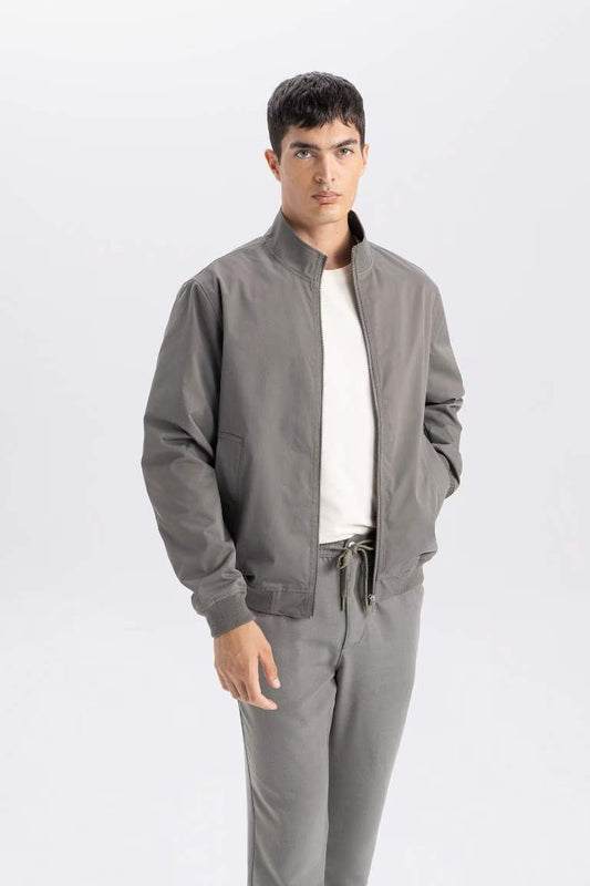 Slim Fit Stand Collar Zippered Jacket - - Gray