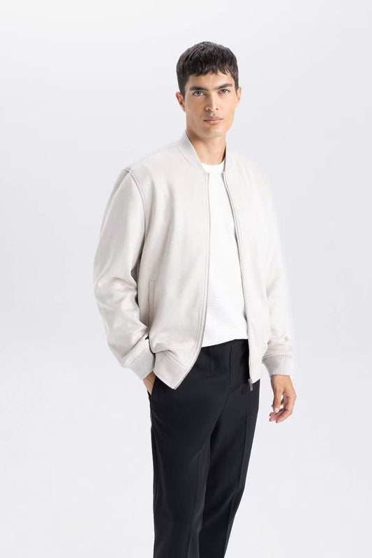 Slim Fit College Collar Zippered Suede Bomber Jacket - - Beige