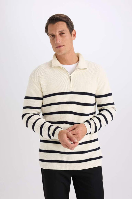 Standard Fit Stand Collar Striped Zippered Pullover - -