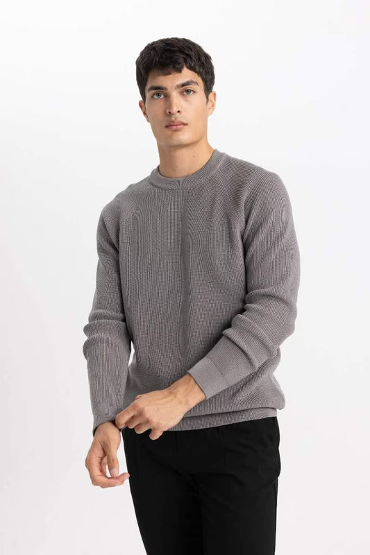 Standard Fit Crew Neck Basic Knitted Pullover - - Gray