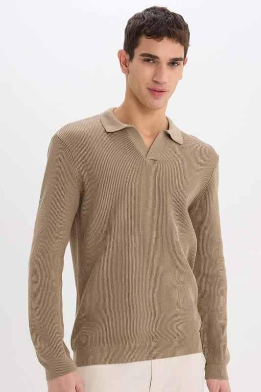 Standard Fit Polo Neck Knitted Pullover - - Beige