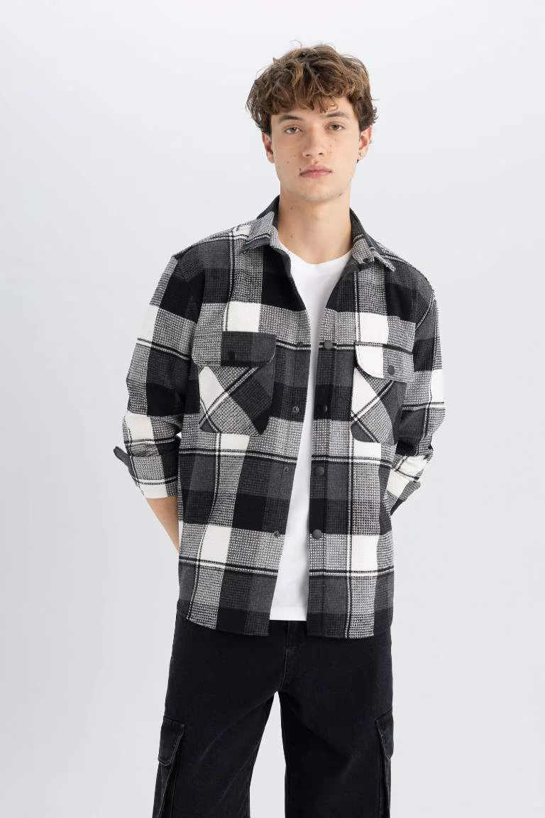 Relax Fit Checkered Cotton Long Sleeve Shirt - -