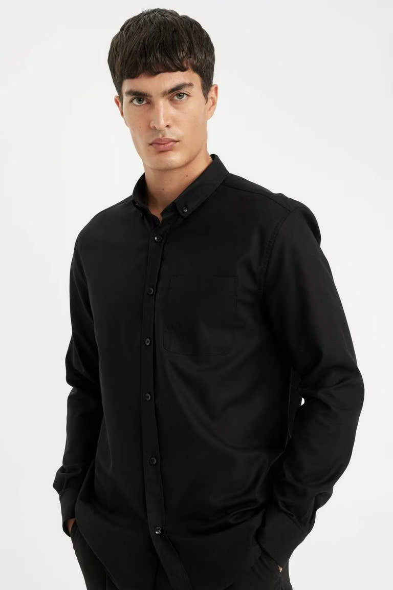 Regular Fit Polo Collar Oxford Long Sleeve Shirt - - Black