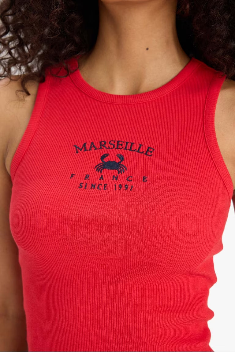Slim Fit Printed Camisole Halter Collar Tank Top - -