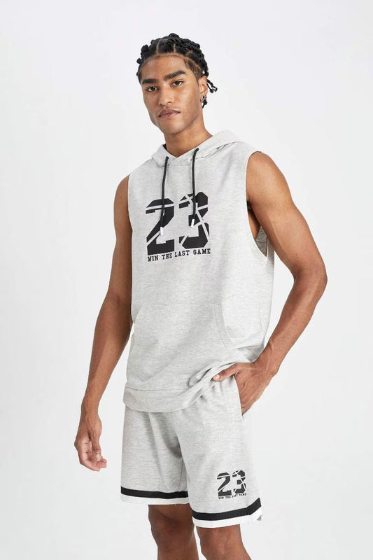 DeFactoFit Standard Fit Printed Hooded Tank Top - - Heather