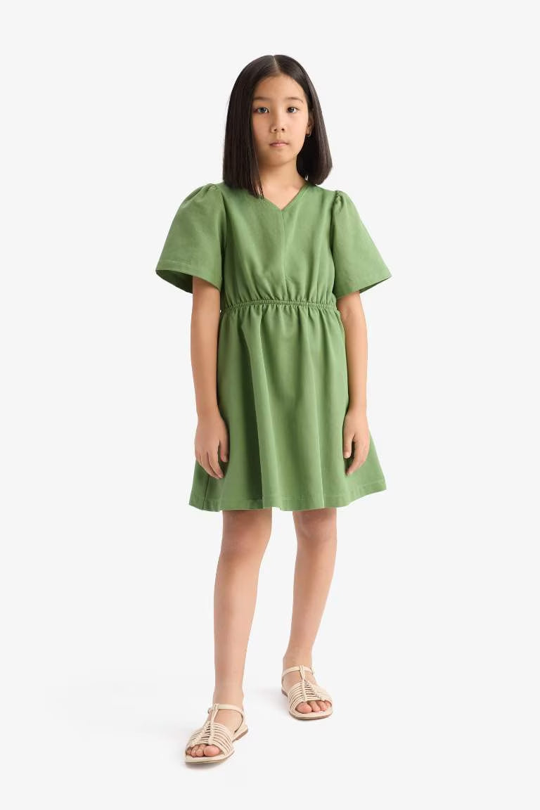 Girl Standard Fit V Neck Gabardine Short Sleeve Dress - -