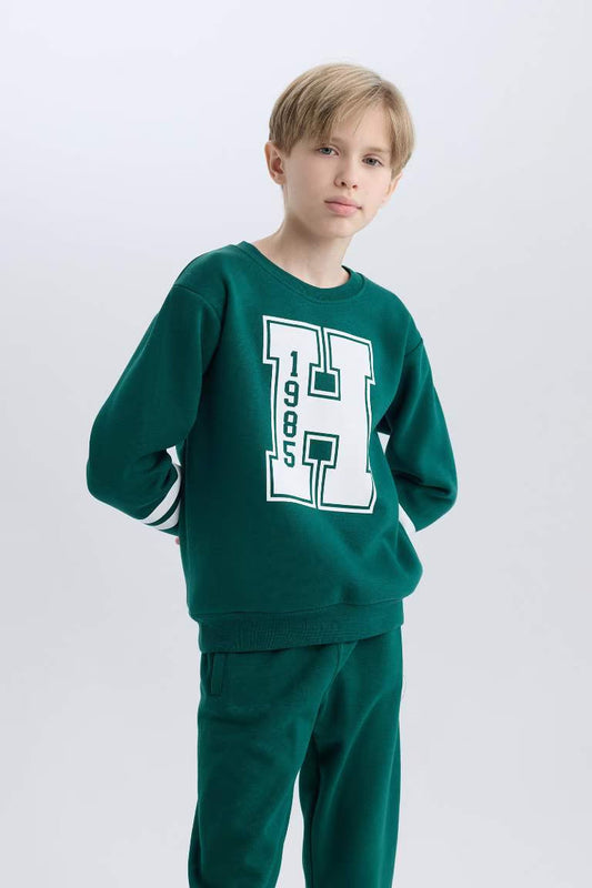 Boy Crew Neck Printed Sweatshirt - - olive green