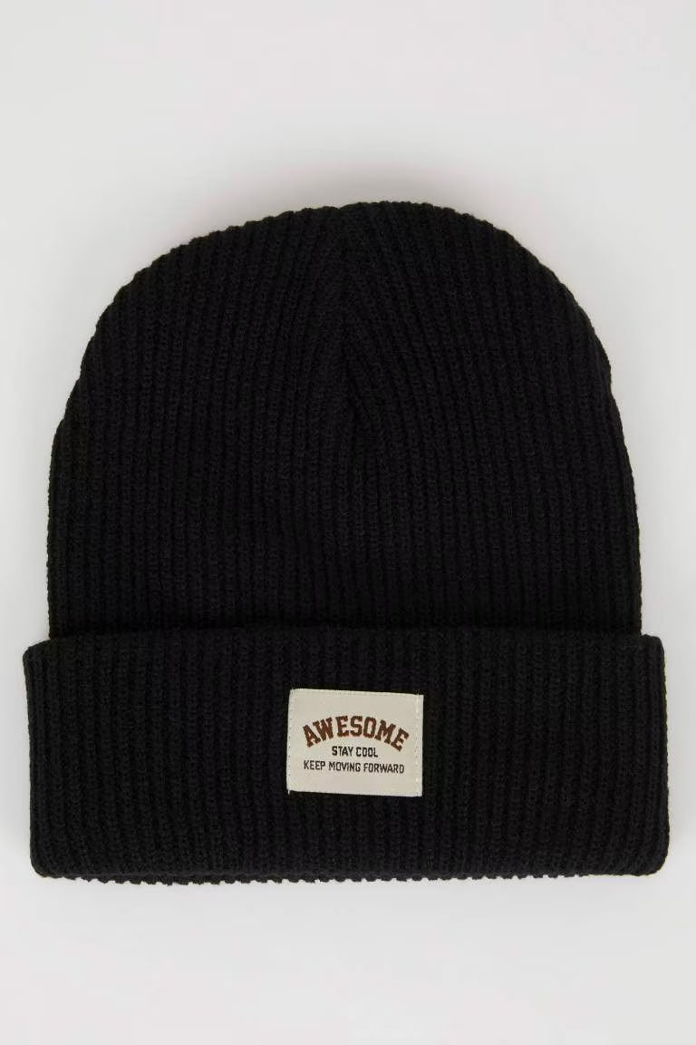 Boy Woven Labeled Ribbed Knitted Beanie - -