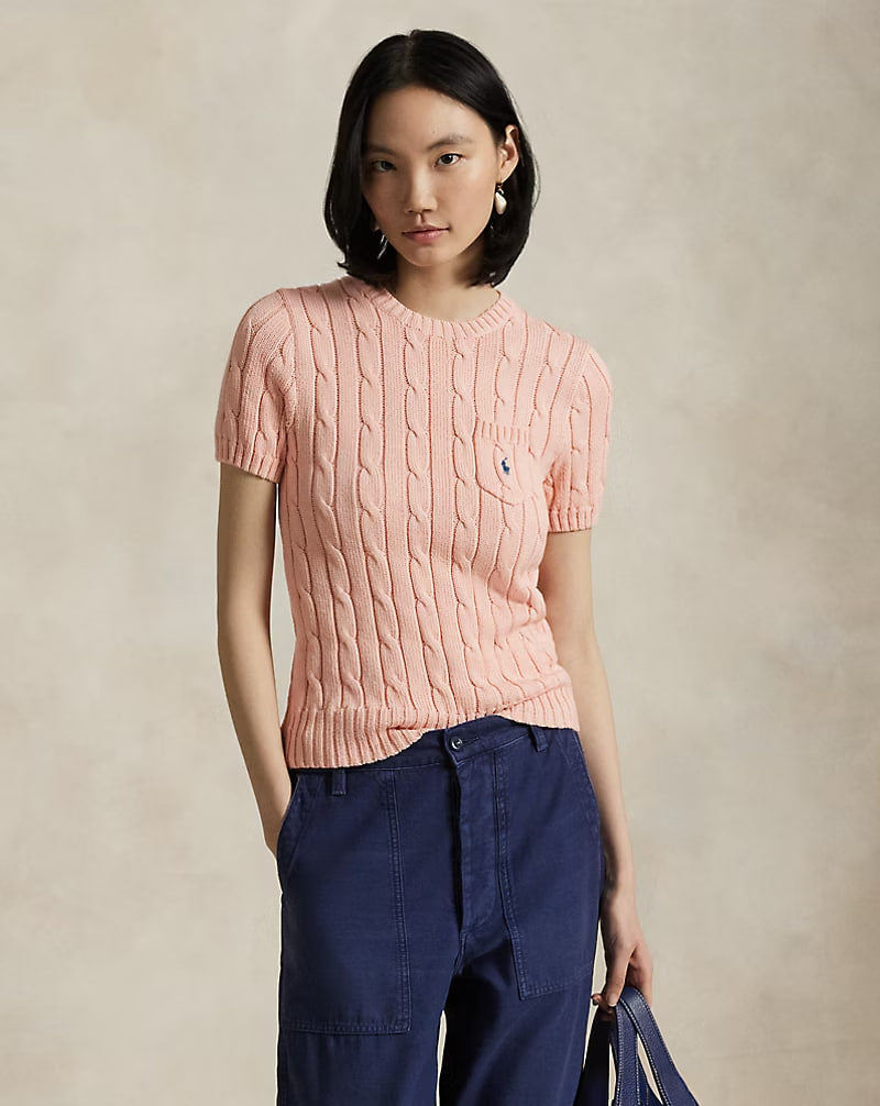 Cable-Knit Cotton Short-Sleeve Sweater - - Pink