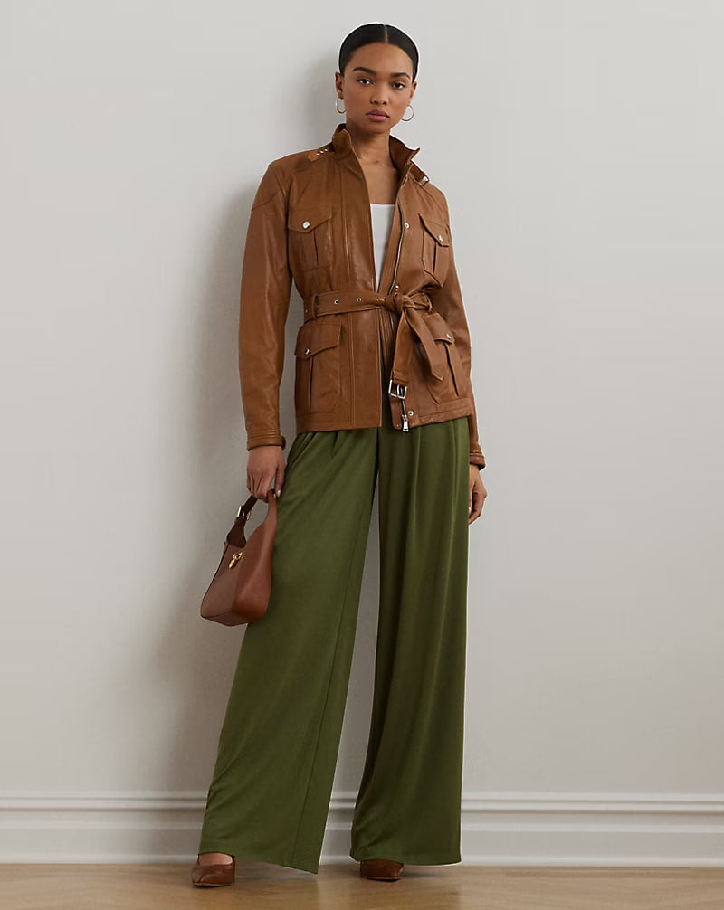 Pleated Stretch Jersey Wide-Leg Pant - - olive green