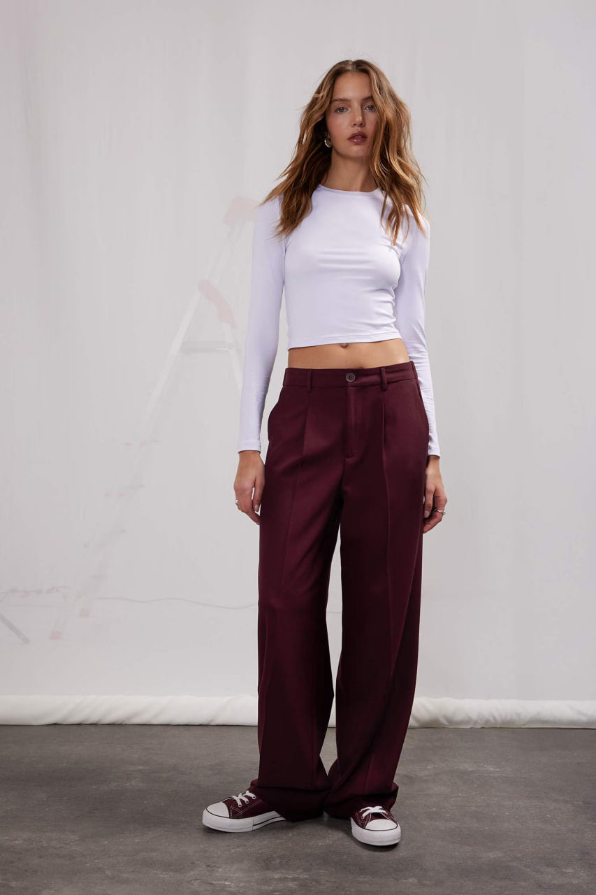 Basic Double Pocketed High Waist Wide Leg Classic Fabric Trousers - - bordeaux