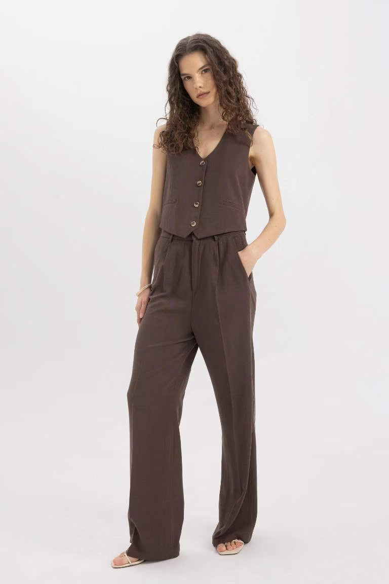 Wide Leg High Waist Linen Blend Trousers - - Brown