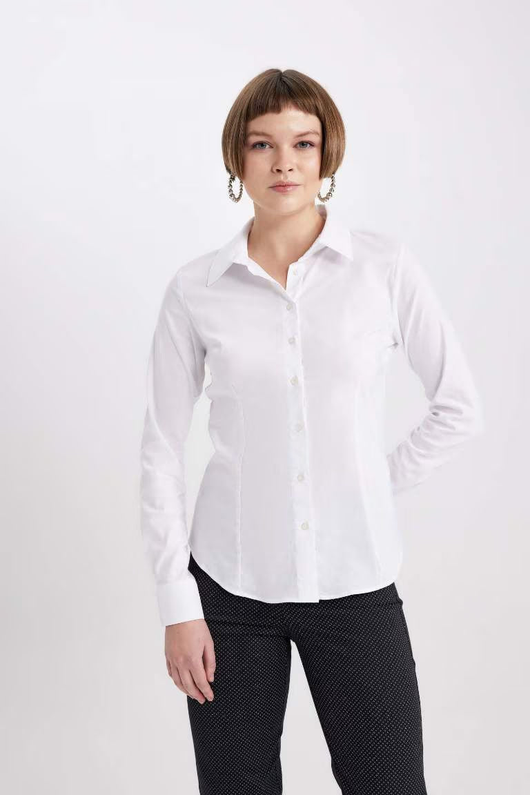 Regular Fit Shirt Collar Long Sleeve Shirt - - White