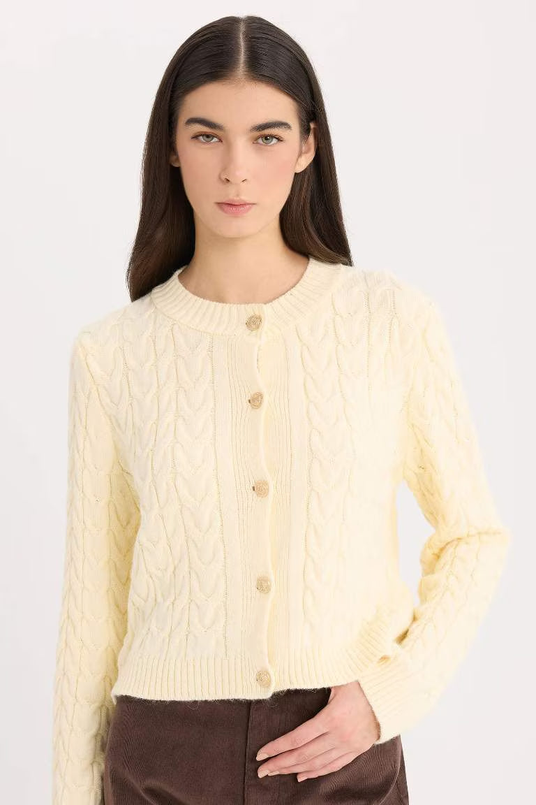 Regular Fit Crew Neck Knitted Buttoned Knitwear Cardigan - - cream