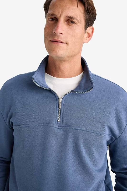 Relax Fit Stand Collar Zippered Basic Thick Sweatshirt - - Campus Blue
