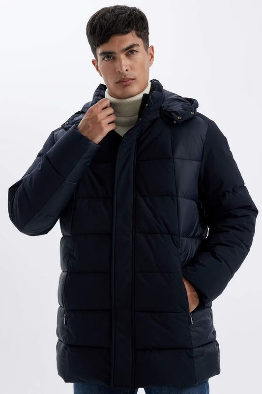 Slim Fit Hooded Half Lined Jacket - - Navy