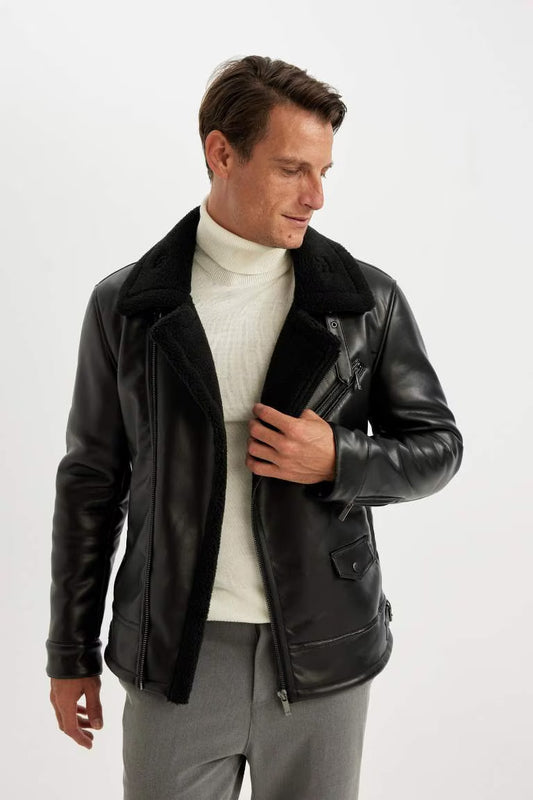 Slim Fit Lined Faux Leather Jacket - -