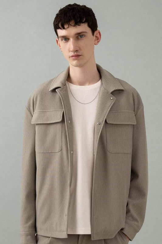 Relax Fit Shirt Collar Pleated Shirt Jacket - - Light Khaki