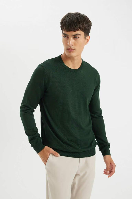 Standard Fit Crew Neck Basic Knitwear Pullover - - Dark green