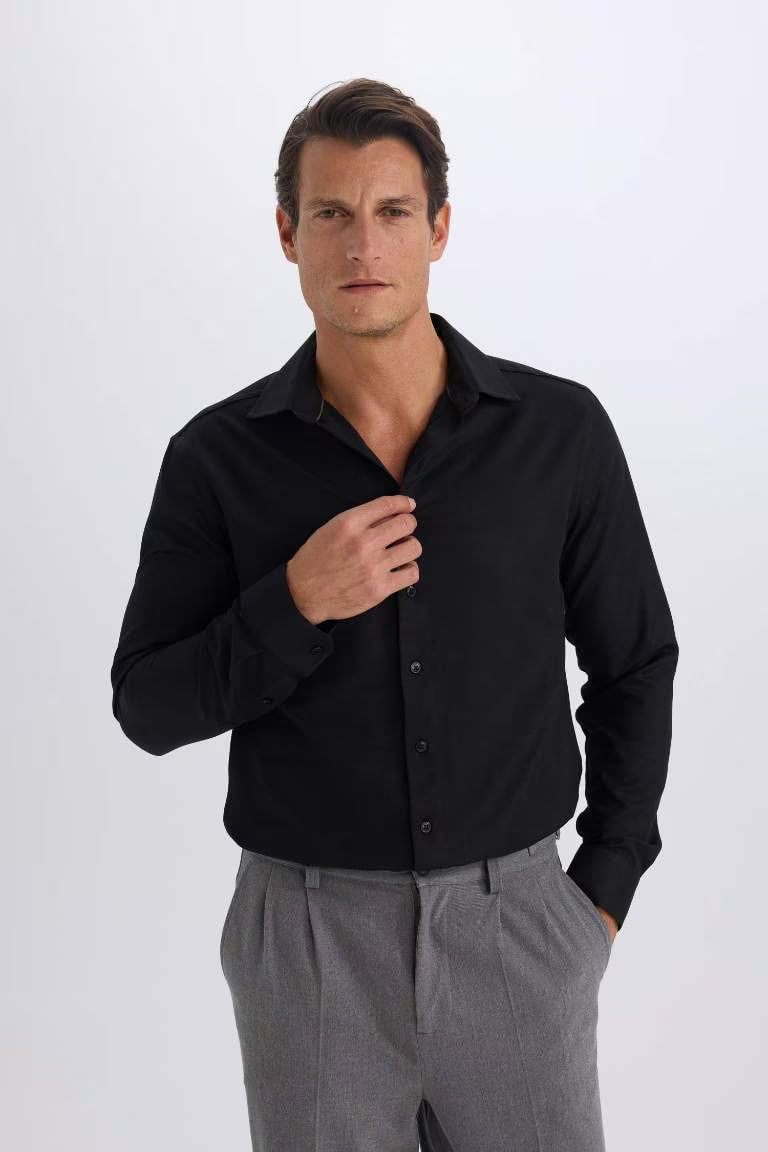 Slim Fit Polo Collar Oxford Long Sleeve Shirt - -