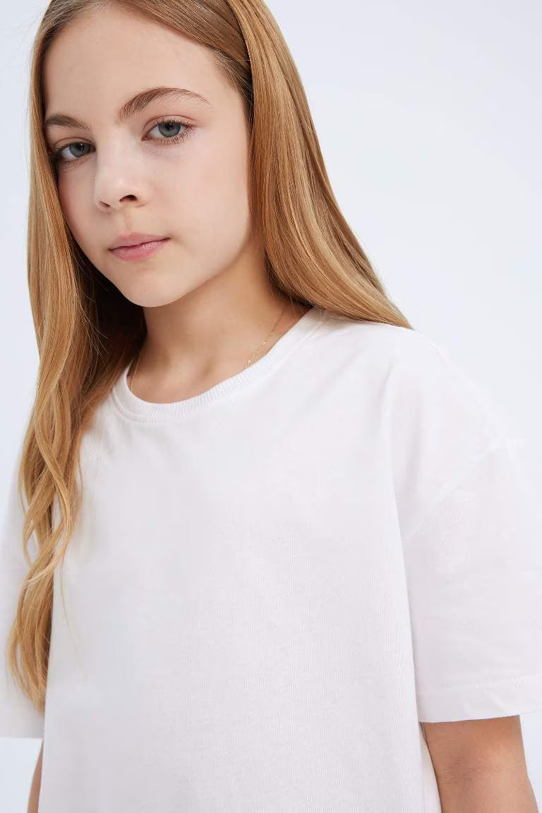 Girl Relax Fit Crew Neck Basic Short Sleeve T-Shirt - -