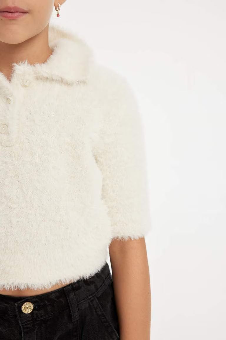 Girl Regular Fit Polo Neck Soft Textured Knitted Pullover - -