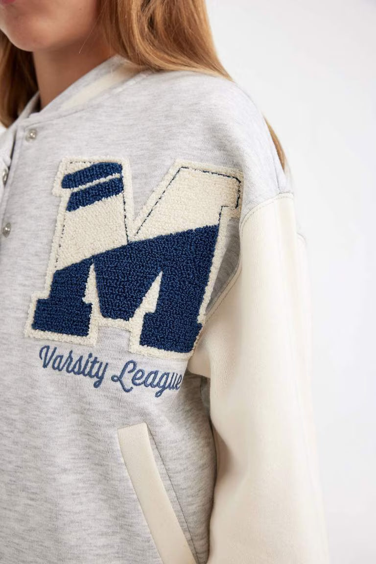 Girl Printed College Collar Bomber Jacket - -