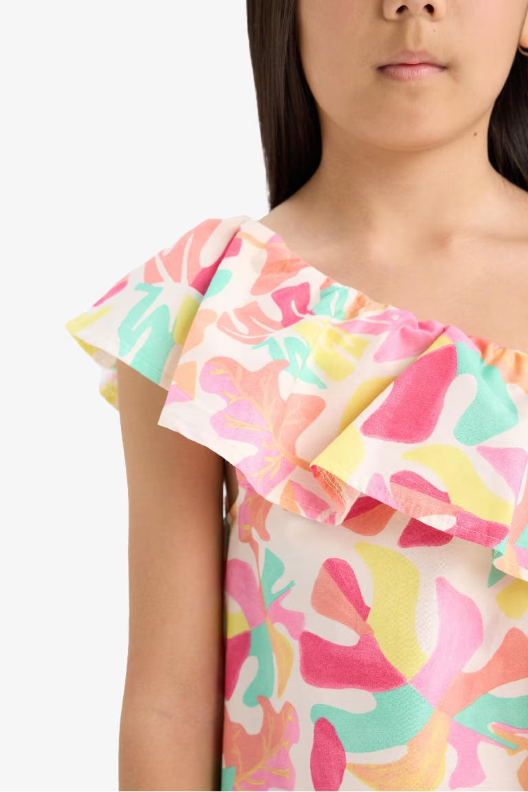 Girl One Shoulder Patterned Poplin Dress - -