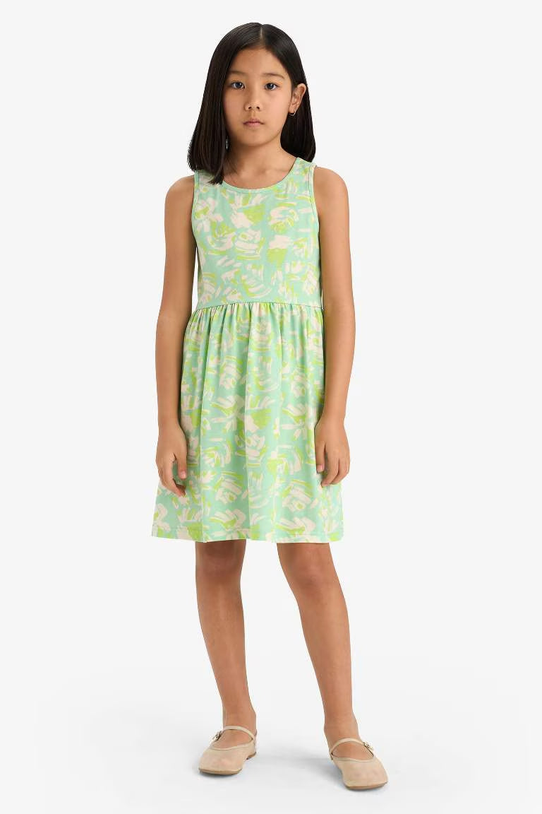 Girl Patterned Sleeveless Dress - - aqua pearl