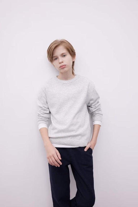 Boy Crew Neck Basic Knitted Pullover - - Heather