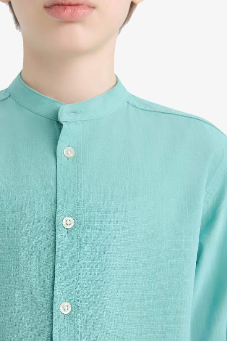 Boy Regular Fit Stand-up Collar Linen Look Shirt - -