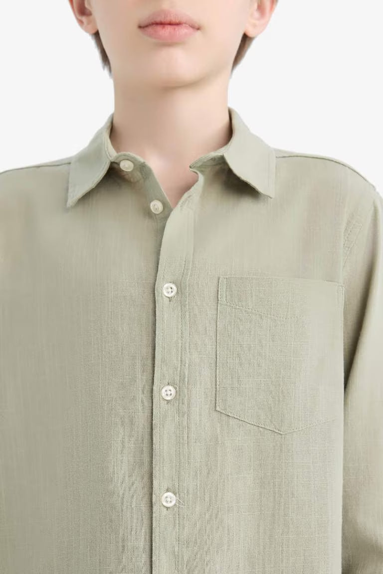Boy Polo Neck Linen Look Long Sleeve Shirt - -