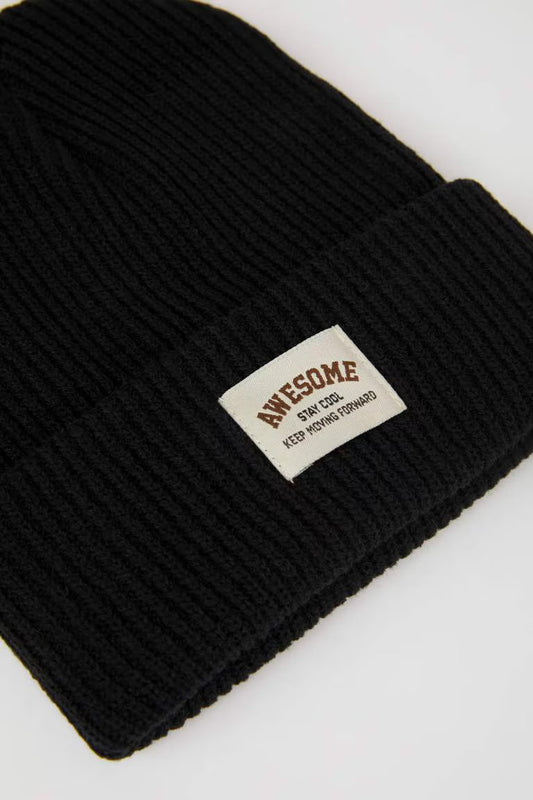 Boy Woven Labeled Ribbed Knitted Beanie - - Black Standard