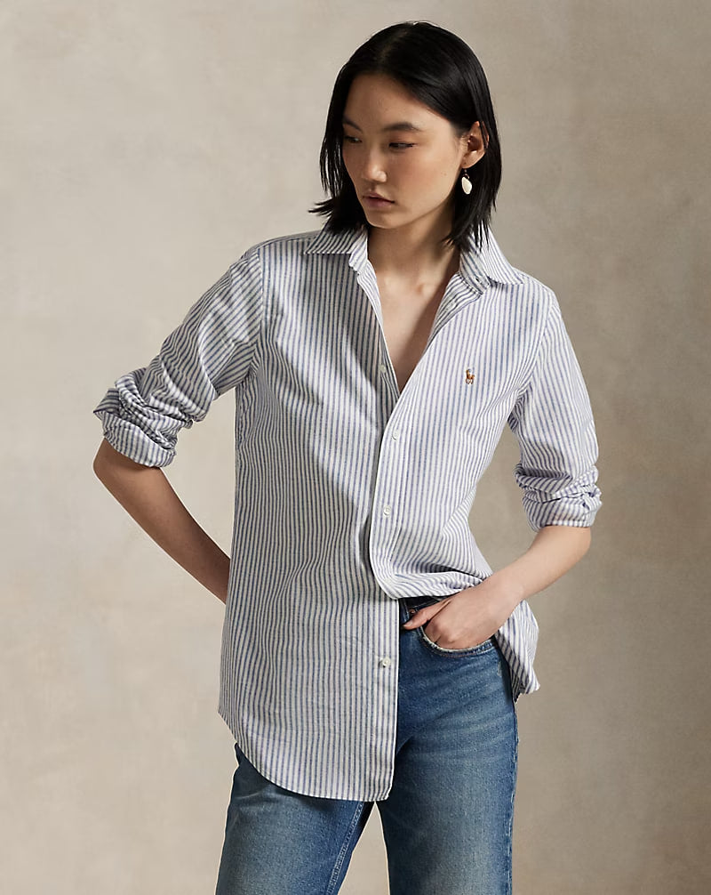 Stretch Slim Fit Striped Oxford Shirt - - Gray
