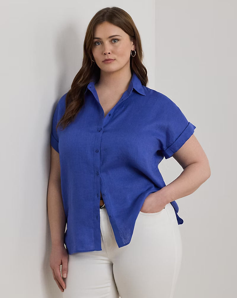 Relaxed Fit Linen Short-Sleeve Shirt - - Blue