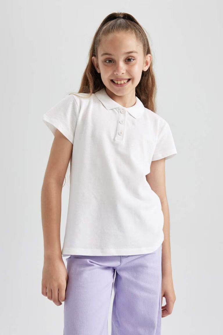 Girl Cotton Short Sleeve Basic Polo T-shirt - - White