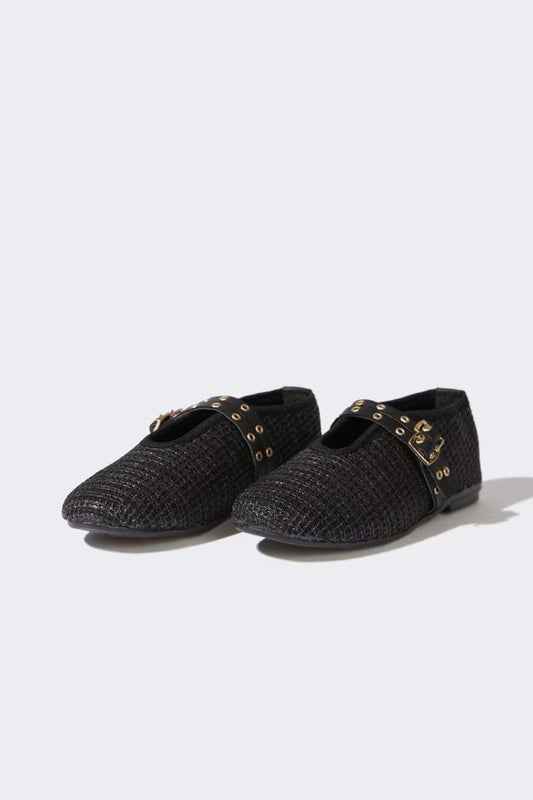 Girl Straw Detailed Ballerina Flat Shoes - - Black