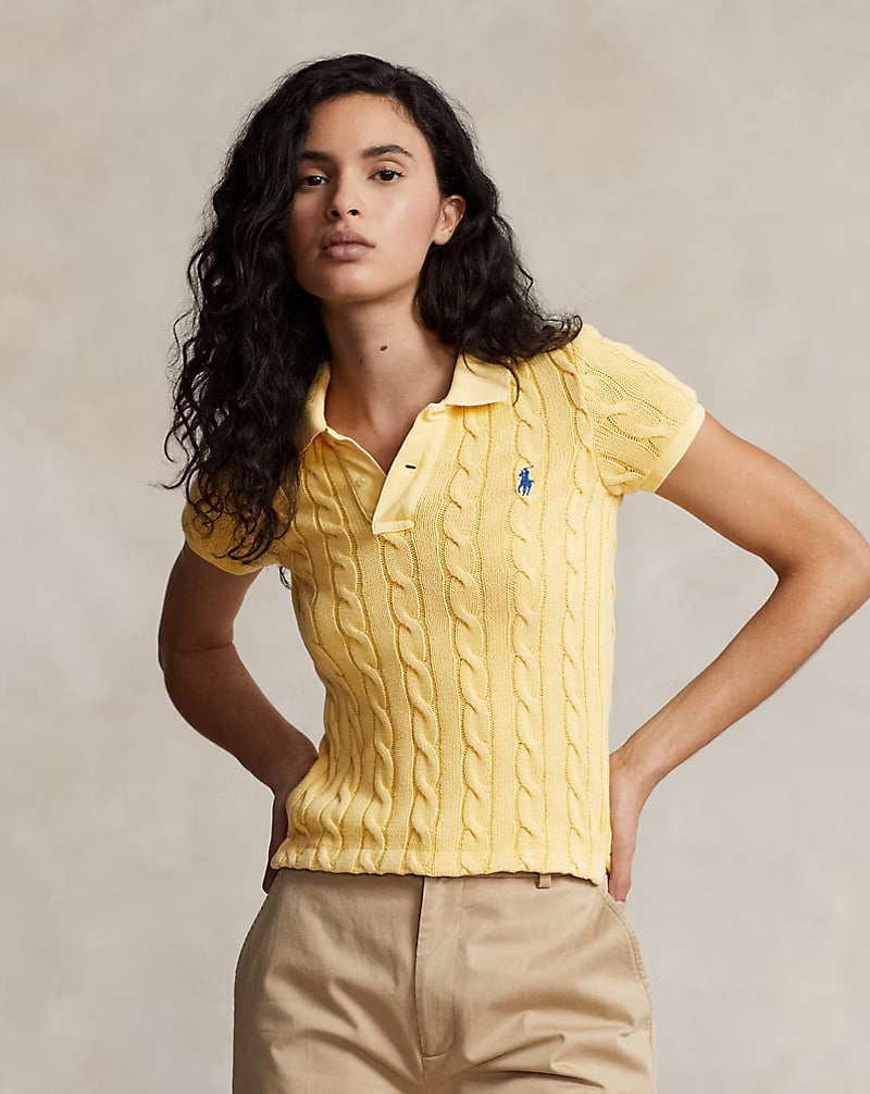 Cable-Knit Polo Shirt - - Yellow